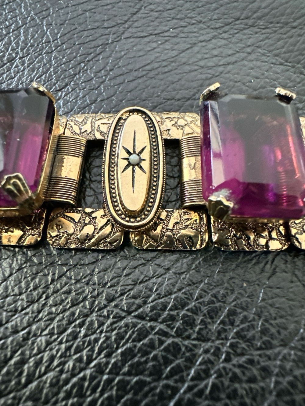 Vintage book chain panel Bracelet with Purple Glass Stones - Picture 4 of 6